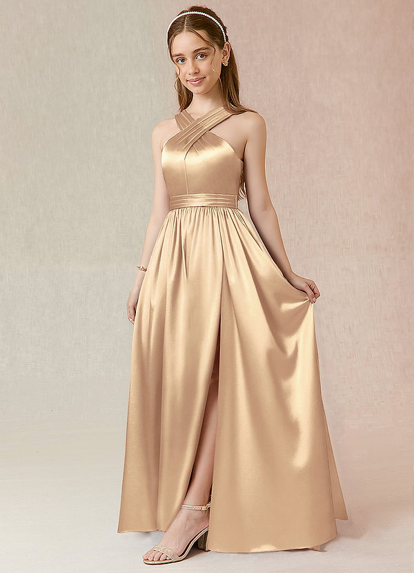 Azazie Jiya Junior Gold A-Line Pleated Metallic Satin Dress image1
