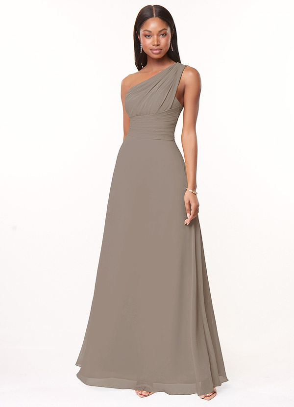Azazie Ashley Bridesmaid Dresses Taupe A-Line Ruched Chiffon Dress image1