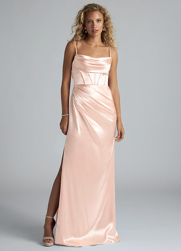 Azazie Mai Bridesmaid Dresses Rose Gold Sheath Pleated Metallic Satin Dress image1