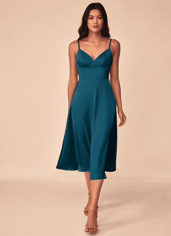 Azazie Dottie Bridesmaid Dresses Ink Blue A-Line Stretch Satin Dress image1