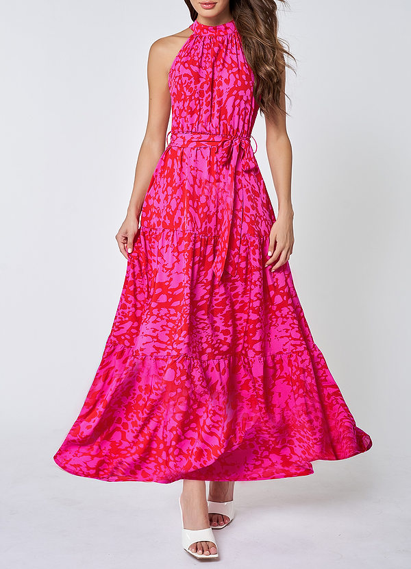 front Endless Vacay Hot Pink Print Halter Maxi Dress