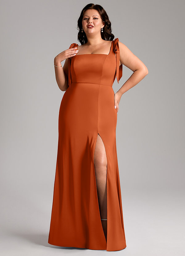 Azazie Frostine Vestidos Dama de Honor Vestido de Naranja Quemada de Satén Elástico de Corte en A con Lazo image1