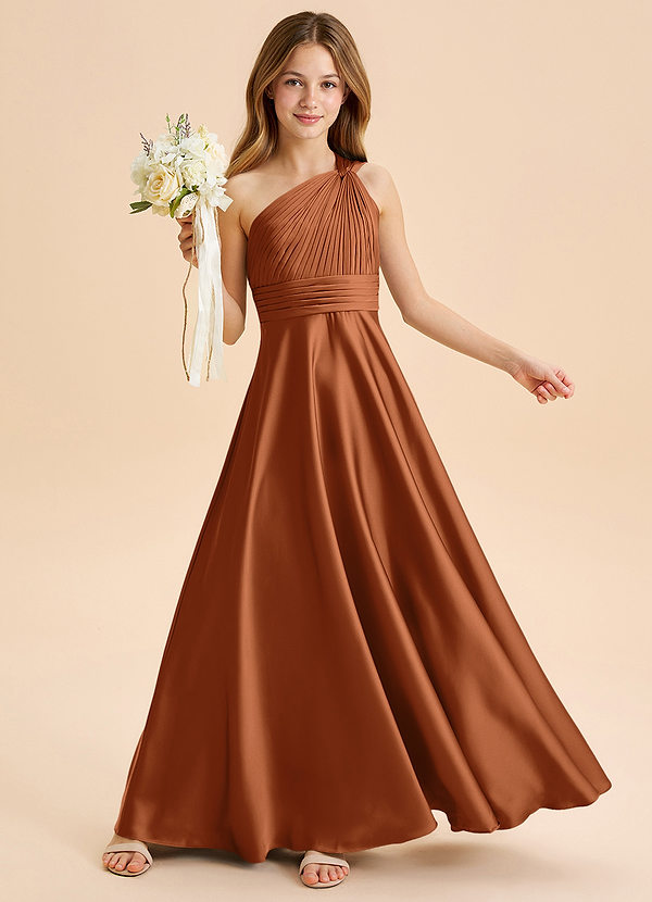 Azazie Charlize Junior Abito A-Line in Raso Elasticizzato Plissettato Rame image1