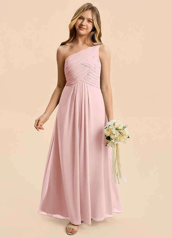 Azazie Emmie Junior Powder Pink A-Line Pleated Chiffon Dress image1