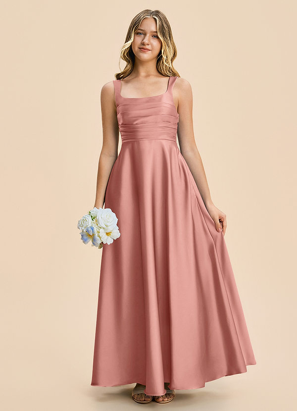 Azazie Azaria Junior A-Linie Plissee Stretch-Satin Kleid Rosettenrosa image1
