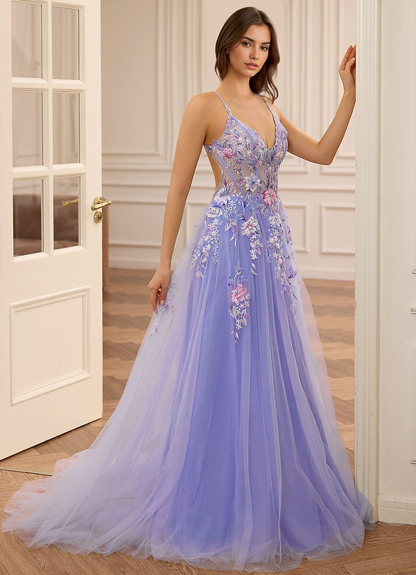 Vivienne Lila Halterneck V-ringad A-linjeformad balklänning med paljettbroderi och pärlor image1