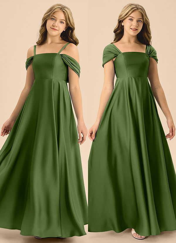 Azazie Rowena Junior Juniper A-Line Bow Stretch Satin Dress image1