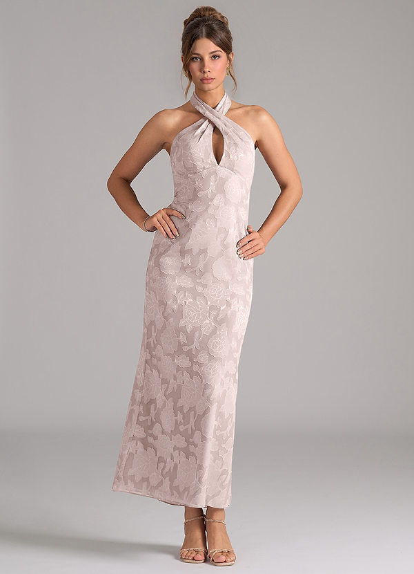 Azazie Marlissa Bridesmaid Dresses Blushing Pink Sheath Pleated Floral Burnout Dress image1
