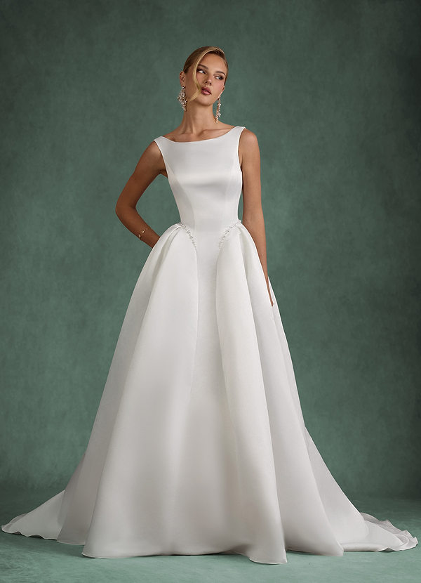 Azazie Odette Robes de mariée Robe Princesse en Satin Col bateau Blanc De Diamant image1
