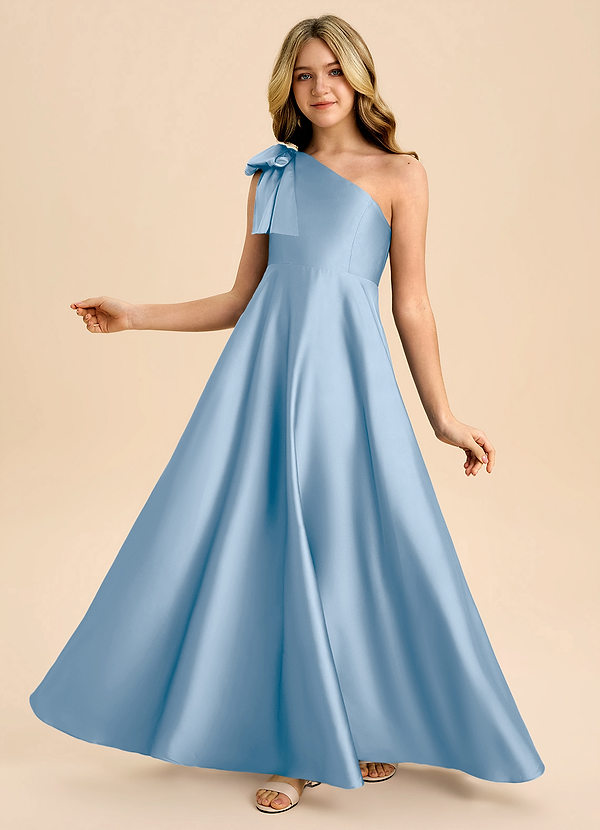 Azazie Penguin Junior Powder Blue A-Line Bow Stretch Satin Dress image1