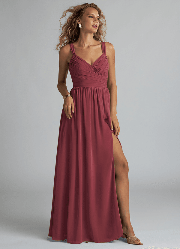 Azazie Aziza Brautjungfernkleider A-Linie V-Hals Gefaltet Chiffon Kleid Merlot image1
