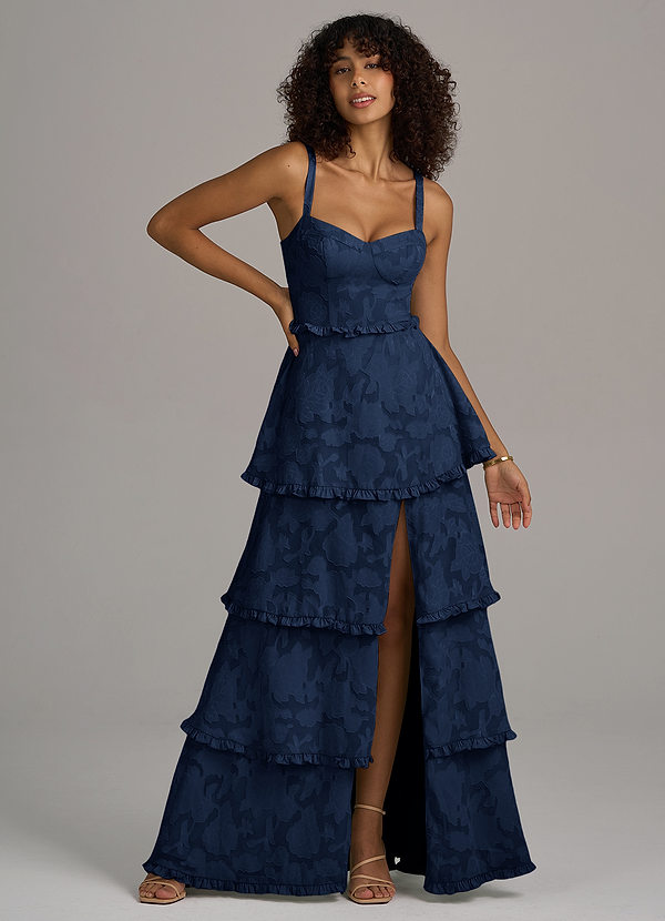 Azazie Romie Bridesmaid Dresses Dark Navy A-Line Corset Floral Burnout Dress image1