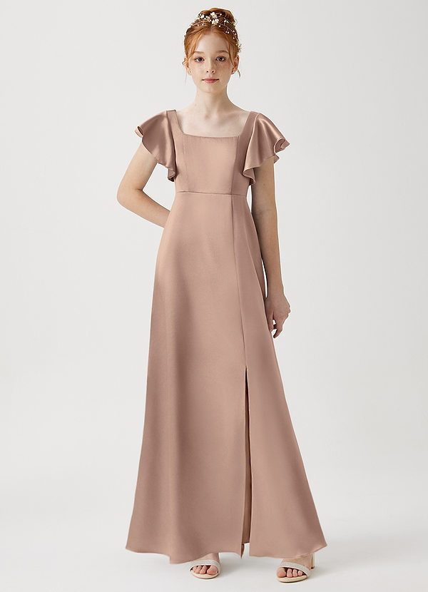 Azazie Bondi Junior Taupe A-Line Side Slit Metallic Satin Dress image1