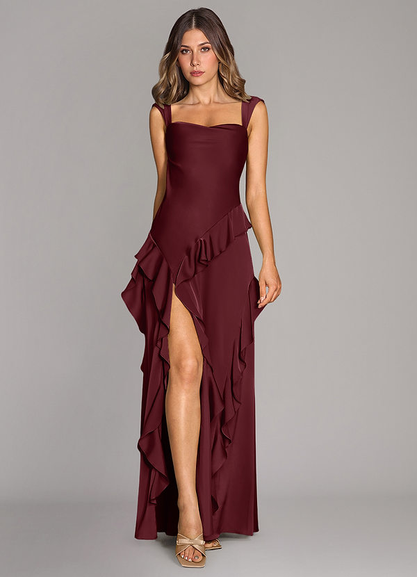 Azazie Sloane Bridesmaid Dresses Cabernet A-Line Sweetheart Neckline Stretch Satin Dress image1
