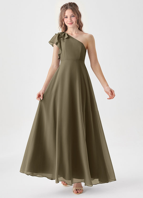 Azazie Arabella Junior Robe Trapèze en Mousseline de soie Rayé Vert Saule image1