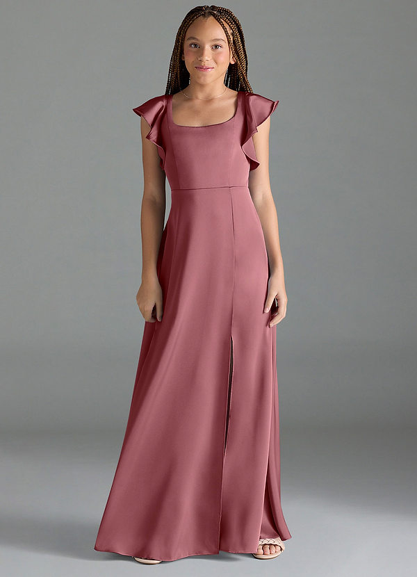Azazie Bondi Junior Desert Rose A-Line Side Slit Stretch Satin Dress image1