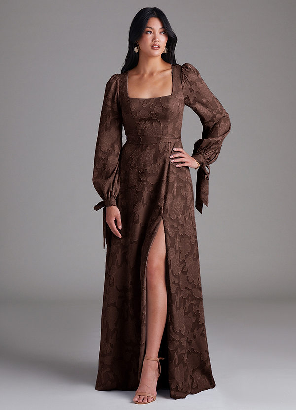 Azazie Leonia Bridesmaid Dresses Ganache A-Line Long Sleeve Floral Burnout Dress image1