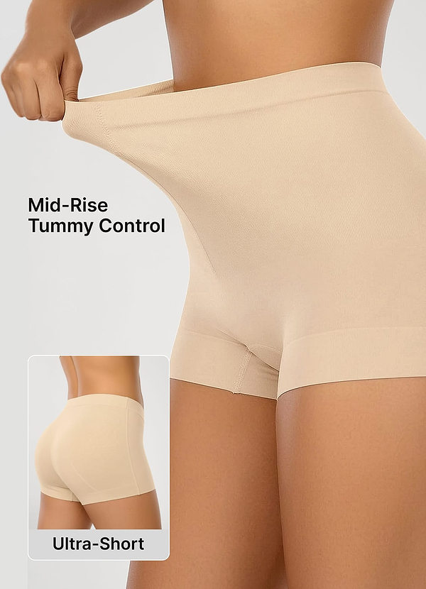 front Nahtlose, dehnbare Shapewear-Shorts mit mittelhohem Bund und Bauchkontrolle