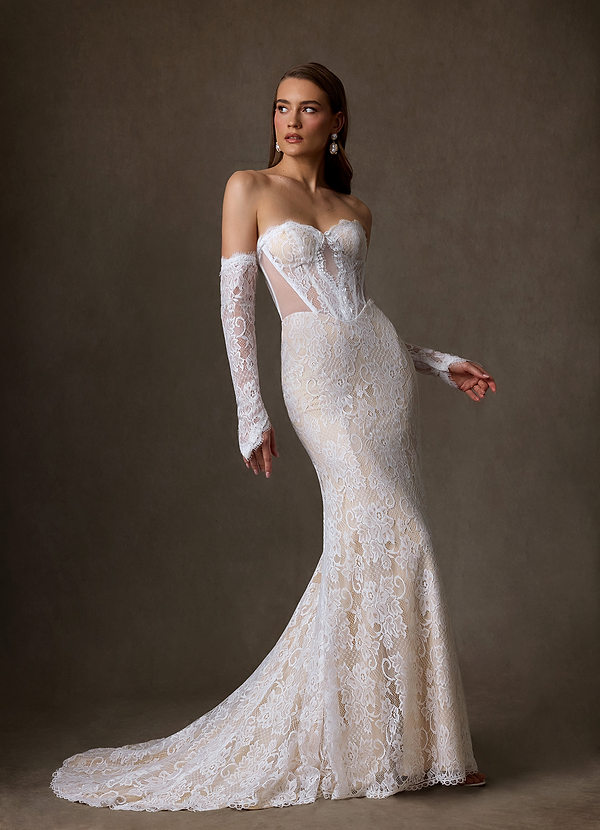 Azazie Issa 웨딩드레스 쉬스 스트랩리스 레이스 코트 트레인 드레스 image1