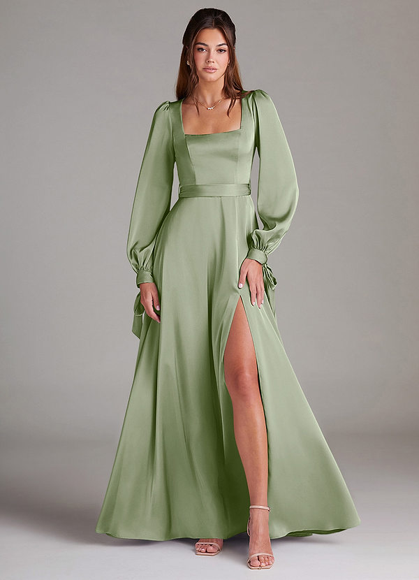 Azazie Leonia Bridesmaid Dresses Dusty Sage A-Line Long Sleeve Stretch Satin Dress image1