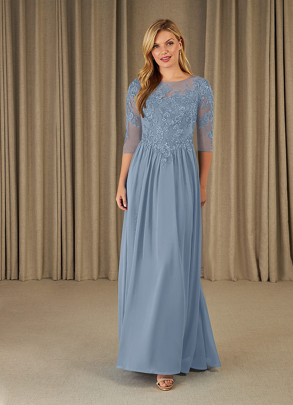 Azazie Mirielle Vestidos de Madre de la Novia Vestido de Azul Polvoriento de Gasa de Corte En A con Encaje Scoop image1