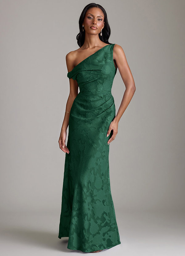 Azazie Emerson Bridesmaid Dresses Vestido Verde Escuro de Esgotamento Floral de sereia com Fora do ombro image1