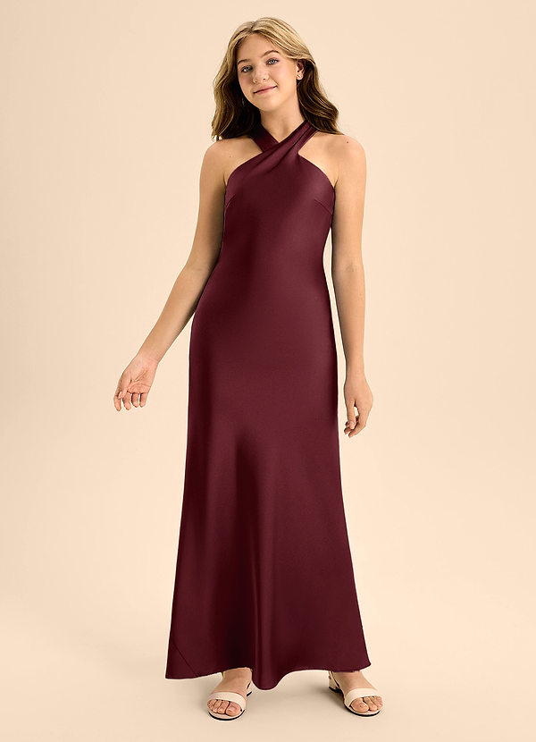Azazie Doretta Junior Vestido de Cabernet de Satén Elástico de Corte En A con Plisado image1