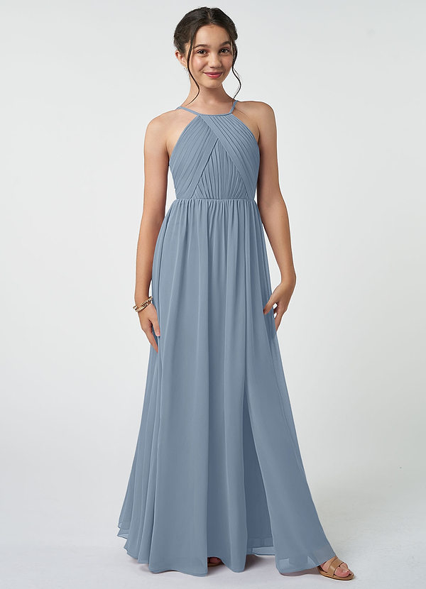 Azazie Leighton Junior Dusty Blue A-Line Pleated Chiffon Dress image1