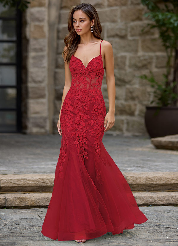 Dentelle Red Trumpet/Mermaid V Neck Tulle Sweep Train Prom Dress with Appliqued Sequins Glitter image1