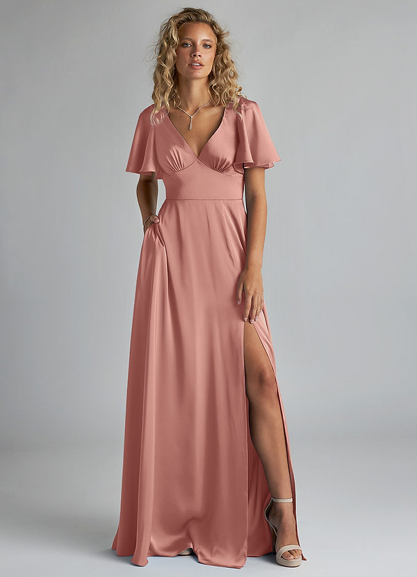 Azazie Kimber Bridesmaid Dresses Rosette A-Line Ruched Stretch Satin Dress image1