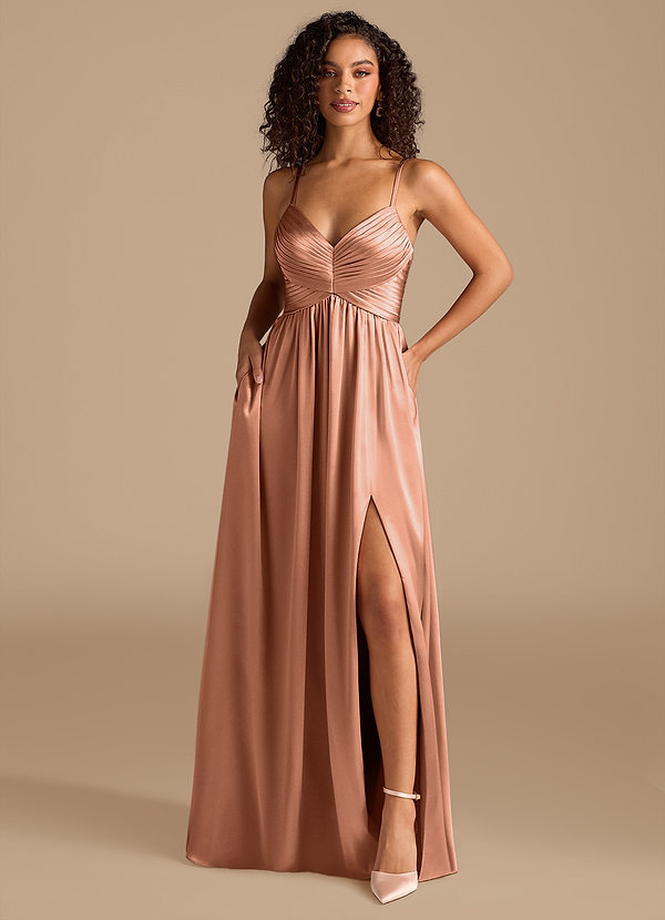 Azazie Alia Bridesmaid Dresses Bronzer A-Line Pleated Metallic Satin Dress image1