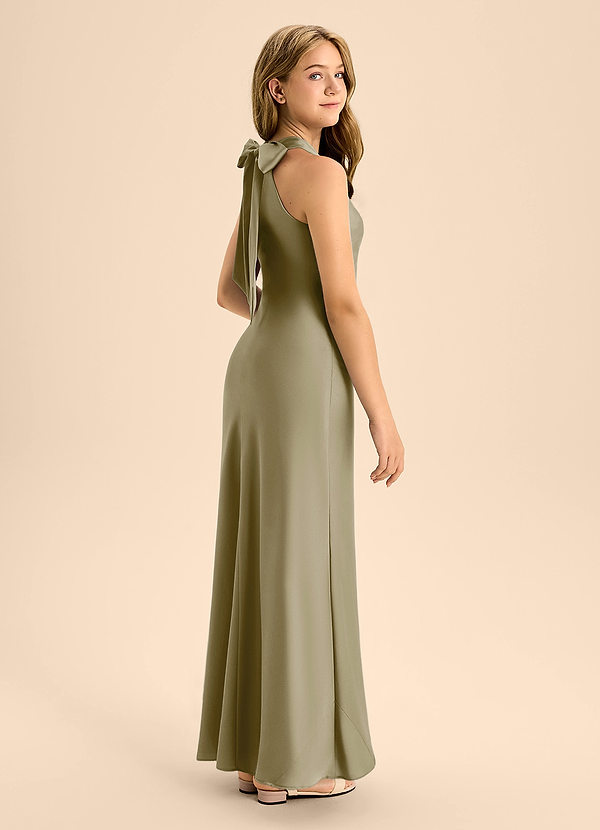 Azazie Doretta Junior Moss Green A-Line Pleated Stretch Satin Dress image1