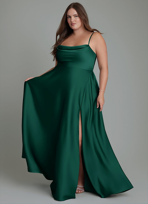 Azazie Elle Vestidos de dama de honor Vestido Esmeralda de Satén Elástico de Línea A con Plisado image1