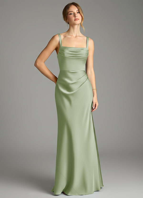 Azazie Alouette Bridesmaid Dresses Dusty Sage Mermaid Pleated Stretch Satin Dress image1
