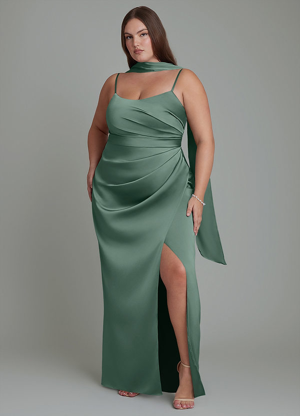 Azazie Calandra Vestidos de dama de honor Vestido Eucalipto de Satén Elástico de Corte Recto con Plisado image1