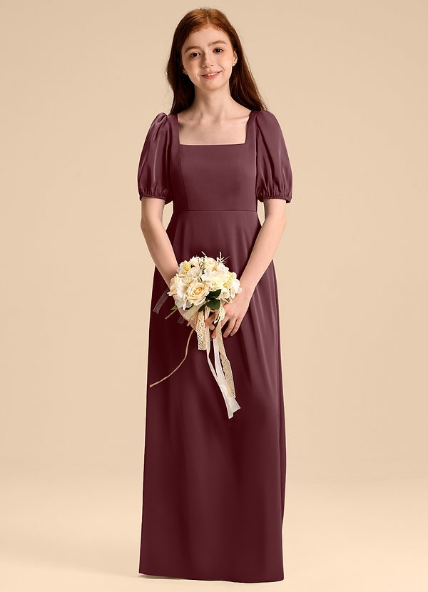 Azazie Briar Junior Sangria A-Line Bow Stretch Satin Dress image1