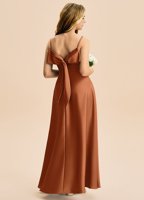 Azazie Isolde Junior Vestido de Cobre de Satén Elástico de Corte en A con Plisado image1