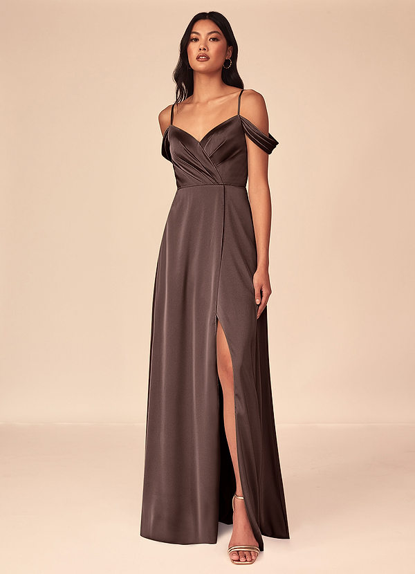 Azazie Ocean Bridesmaid Dresses Ganache A-Line V-Neck Pleated Stretch Satin Dress image1