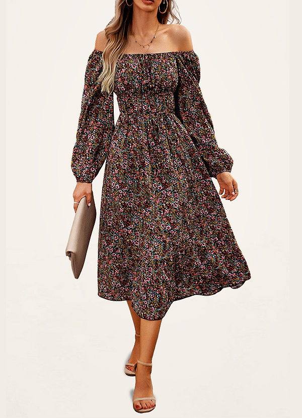 front Billingsley Brown Floral Print Long Sleeve Midi Dress