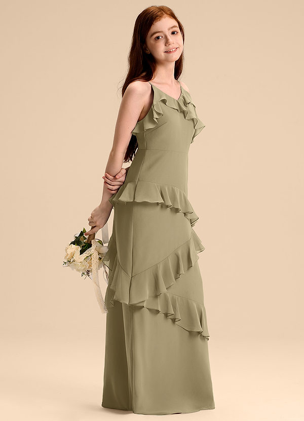 Azazie Evara Junior Robe Trapèze en Mousseline de soie Vert Mousse image1