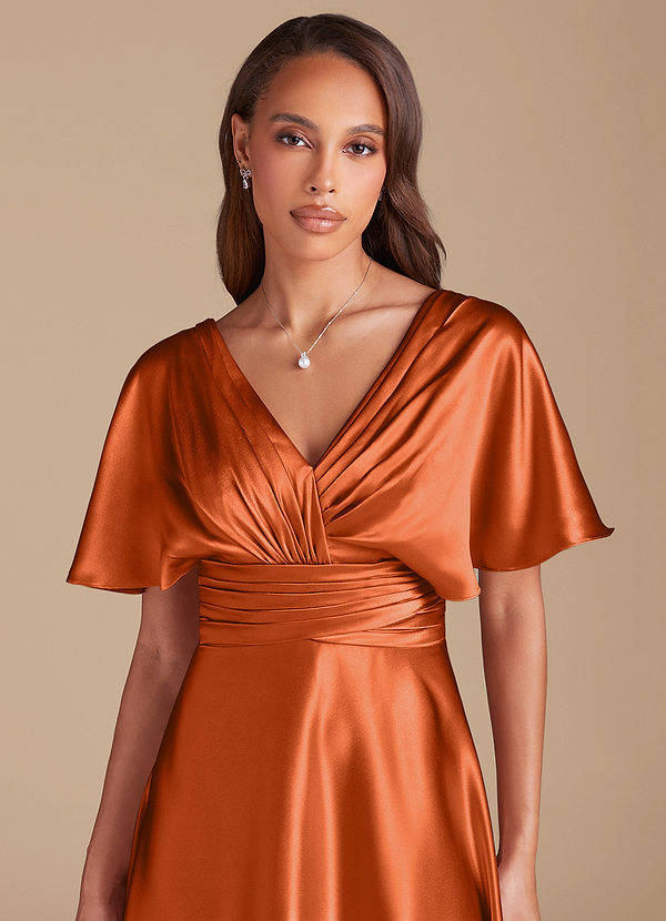 Azazie Pamela Robes Demoiselle d'honneur Robe Trapèze en Satiné métallisé Plissée Orange Brûlée image1