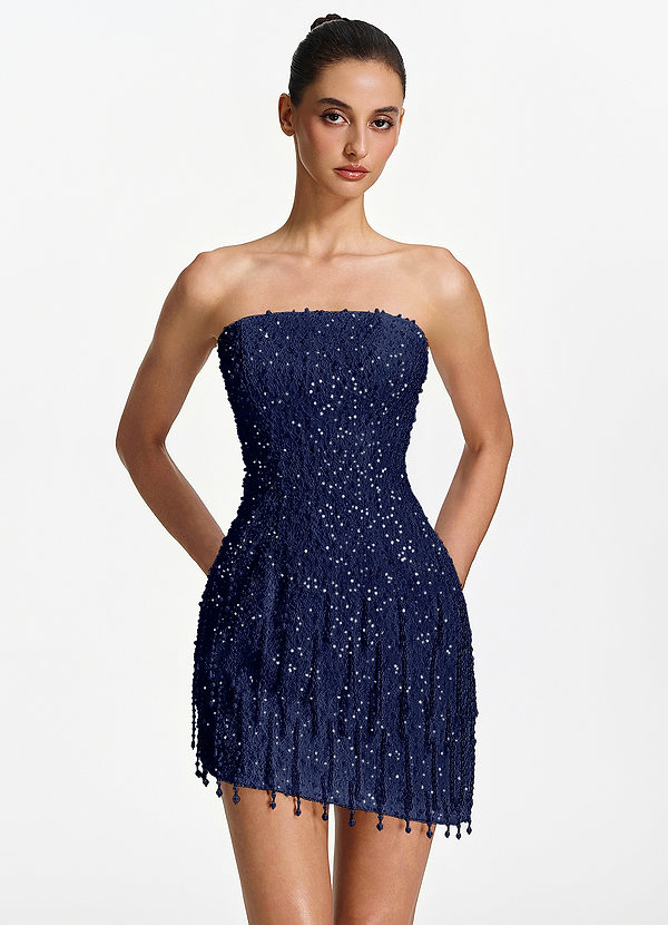 Mahault Dark Navy Strapless Beaded Fringe Lace Up Mini Dress image1