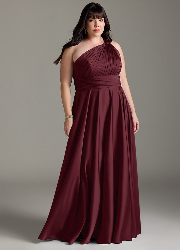 Azazie Charlize Bridesmaid Dresses Cabernet A-Line One Shoulder Stretch Satin Dress image1