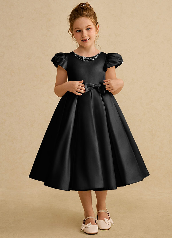 Azazie Pearl Flower Girl Dresses Black Ball-Gown Pleated Matte Satin Dress image1