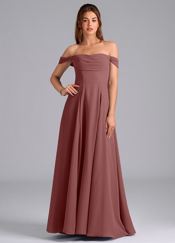 Azazie Almina Robes Demoiselle d'honneur Robe Trapèze Convertible en Mousseline de soie Épaule décolletée Rose Du Désert image1