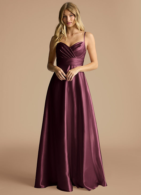 Azazie Oliana Bridesmaid Dresses Cabernet A-Line Pleated Metallic Satin Dress image1