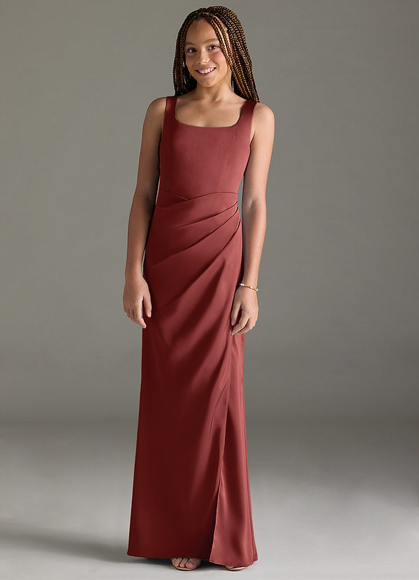 Azazie Mero Junior Vestido Terracota de Satén Elástico de Corte Sirena con Plisado image1