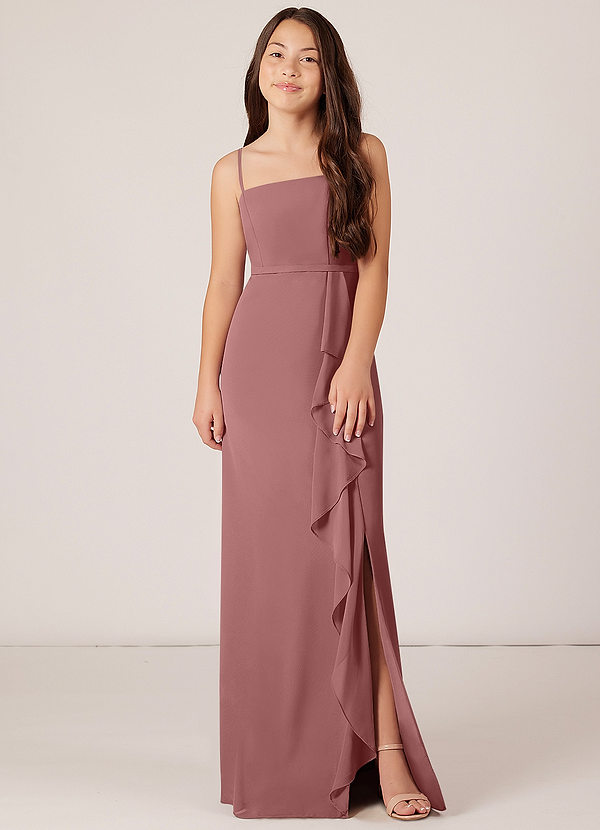 Azazie Kaylee Junior Desert Rose A-Line with Belt Chiffon Dress image1