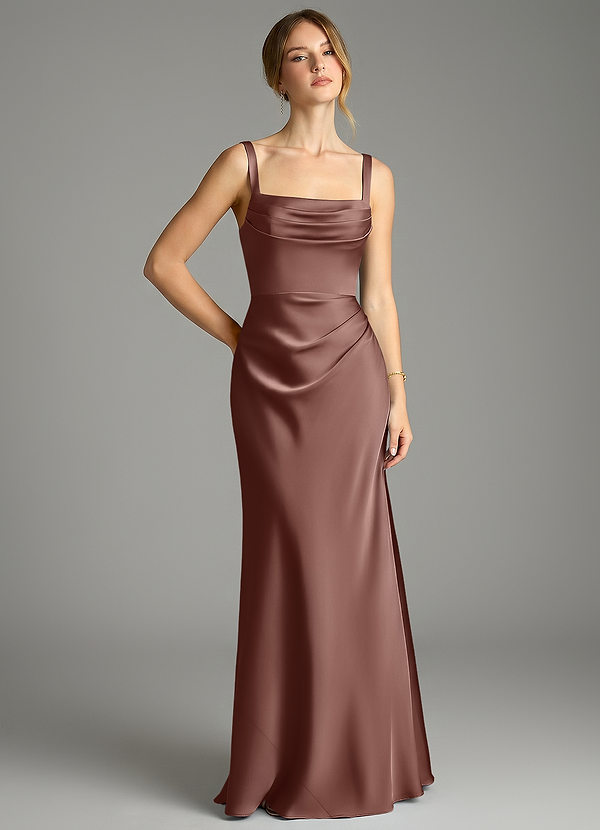 Azazie Alouette Bridesmaid Dresses Espresso Mermaid Pleated Stretch Satin Dress image1