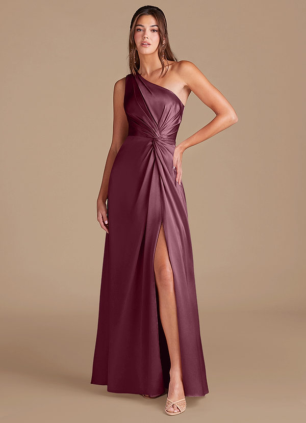 Azazie Brooke Bridesmaid Dresses Cabernet A-Line One Shoulder Metallic Satin Dress image1